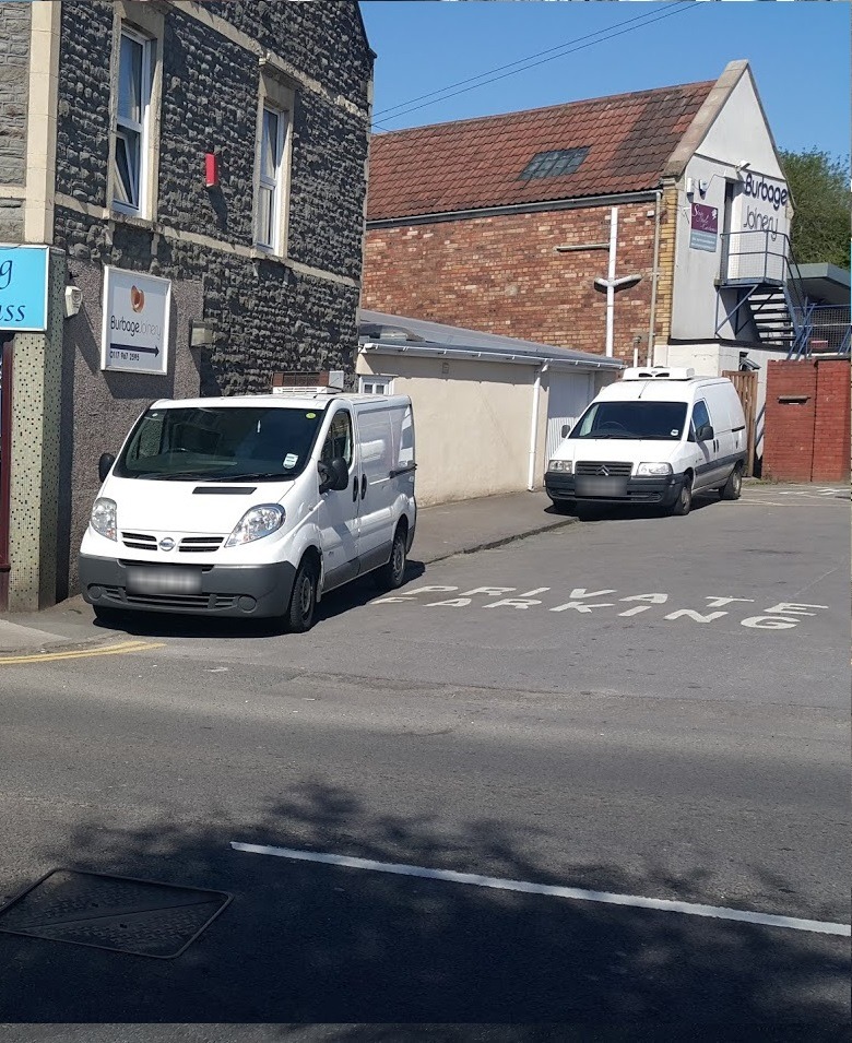 Our Burbage Joinery sign on Soundwell Road, with the private car park beside the works
