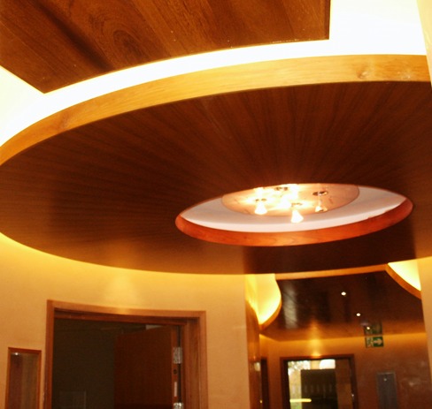 Curved timber ceiling detail with recessed lighting over a hardwood floor